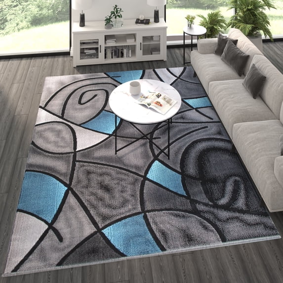 BizChair Modern Contemporary Area Rug, Blue Grey Black (8 Feet X 10 Feet)