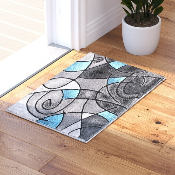 BizChair Modern Contemporary Area Rug Mat, Blue Grey Black (2 Feet X 3 Feet) Mat