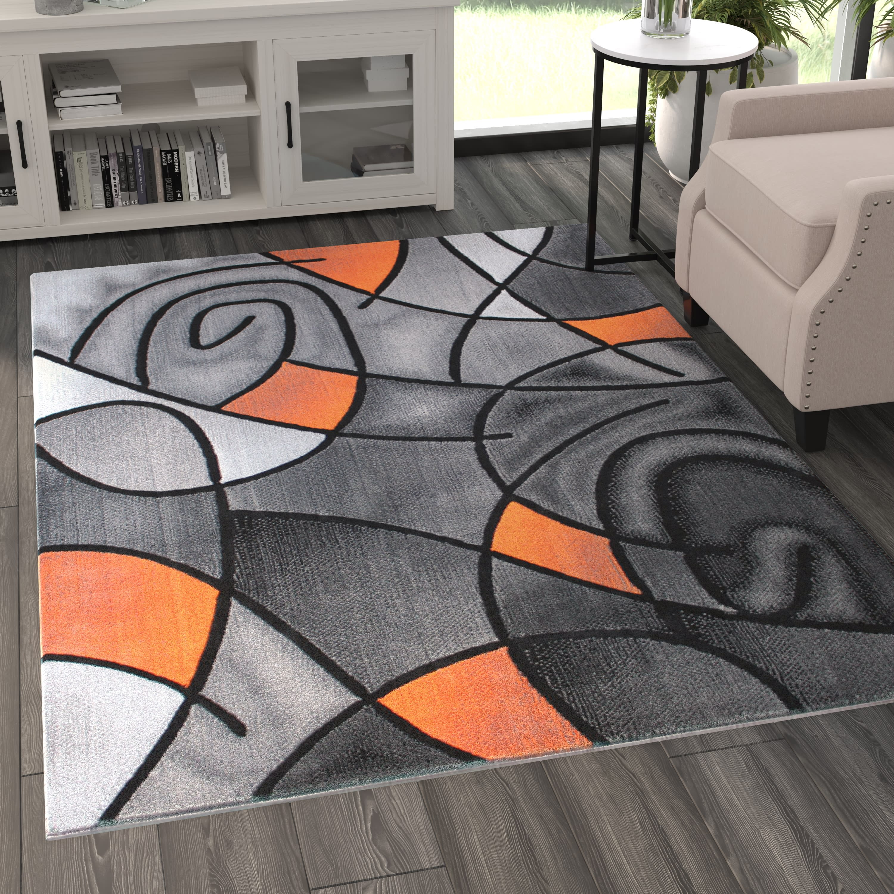 BizChair Modern Contemporary Area Rug, Orange Grey Black (5 Feet X 7 Feet)