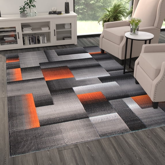 BizChair Modern Contemporary Area Rug, Orange Grey Black (6 Feet X 9 Feet, Orange)