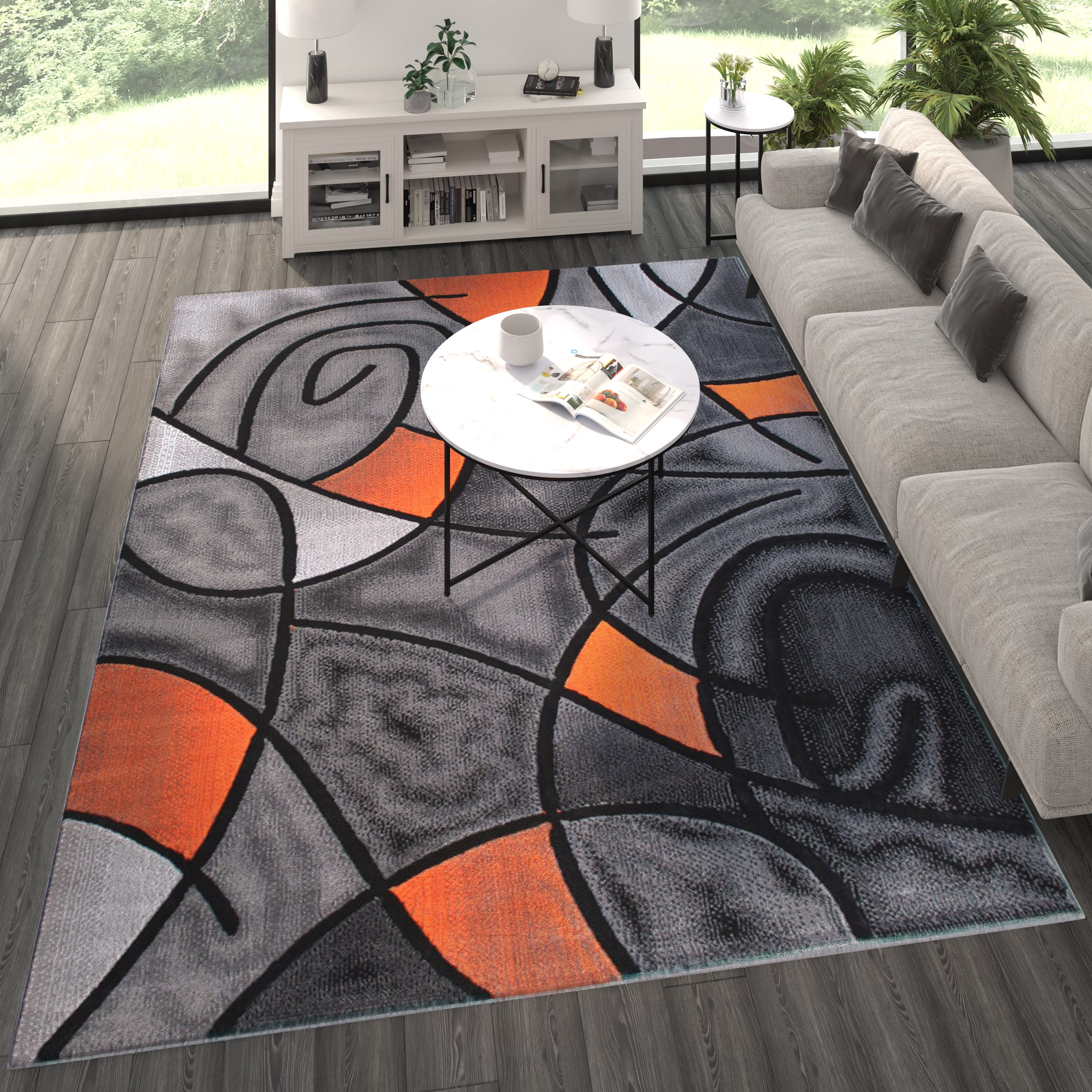 BizChair Modern Contemporary Area Rug, Orange Grey Black (8 Feet X 10 ...