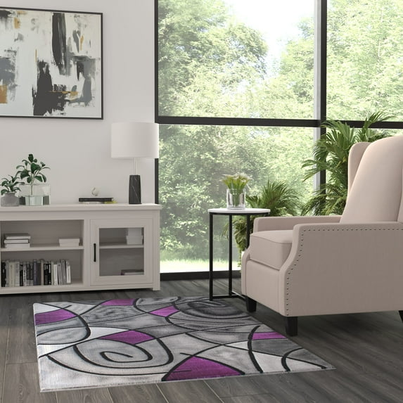 BizChair Modern Contemporary Area Rug, Purple Grey Black (3 Feet 10 Inch X 5 Feet)