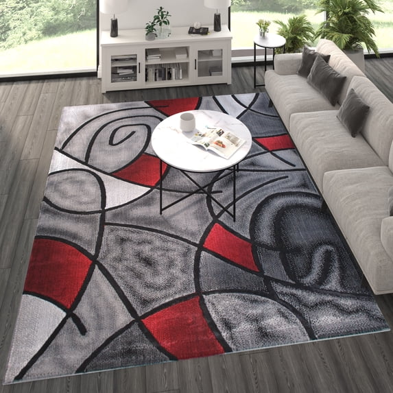 BizChair Modern Contemporary Area Rug, Red Grey Black. (8 Feet X 10 Feet)