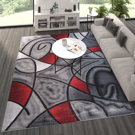 BizChair Modern Contemporary Area Rug, Red Grey Black. (8 Feet X 10 Feet)