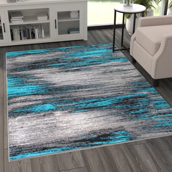 BizChair Modern Contemporary Area Rug, Turquoise Grey Black (5 Feet X 7 Feet)