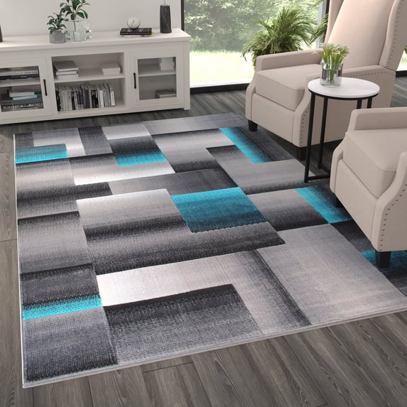BizChair Modern Contemporary Area Rug, Turquoise Grey Black (6 Feet X 9 Feet)