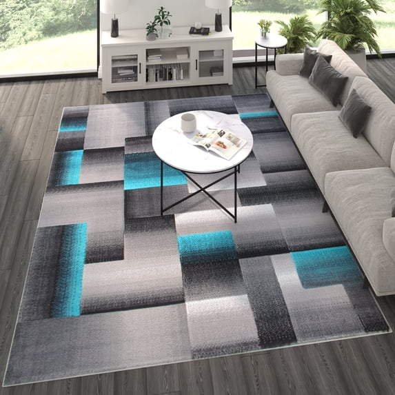 BizChair Modern Contemporary Area Rug, Turquoise Grey Black (8 Feet X 10 Feet)