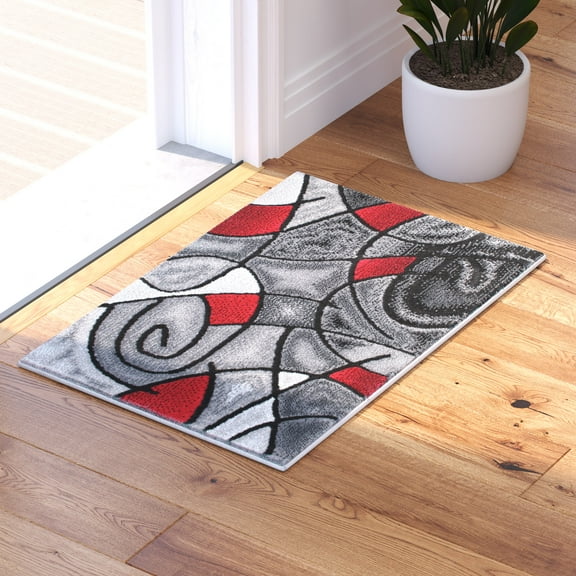 BizChair Modern Contemporary Mat Area Rug, Red Grey Black. (2 Feet X 3 Feet) Mat