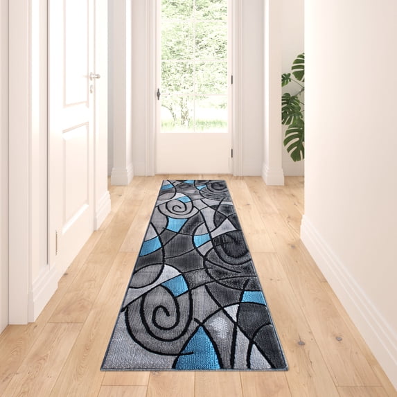 BizChair Modern Contemporary Runner Area Rug, Blue Grey Black (2 Feet X 7 Feet)