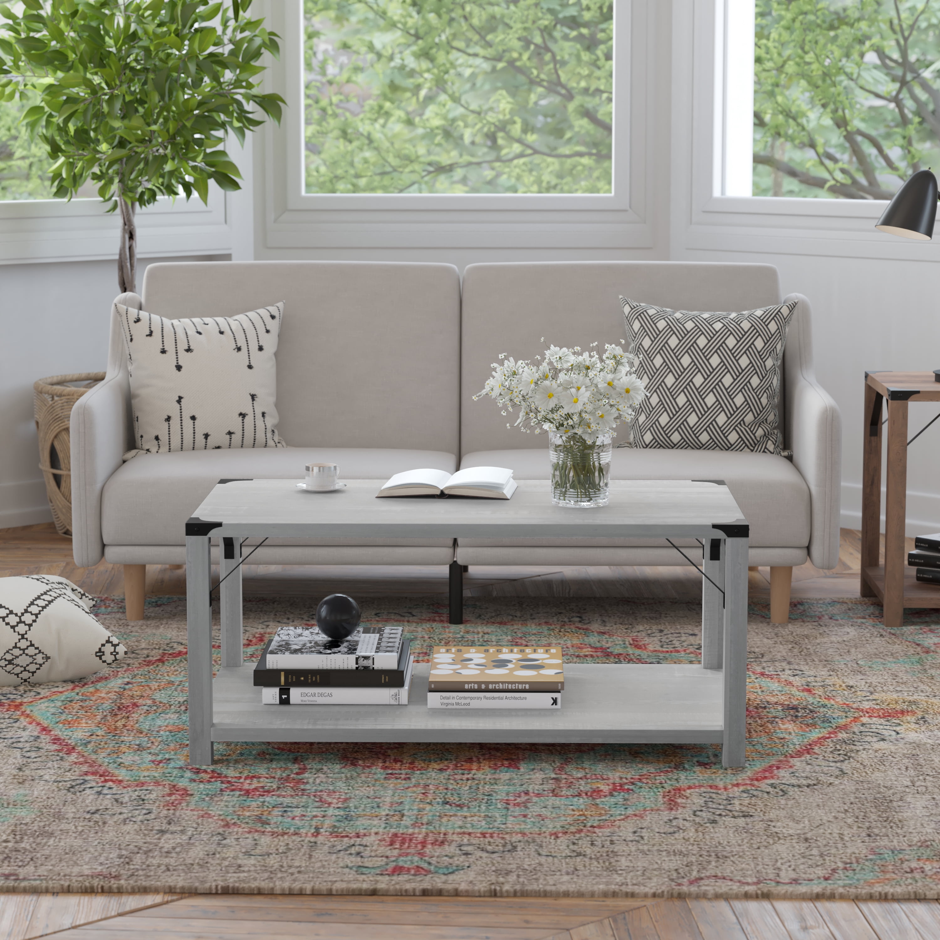 BizChair Modern Farmhouse Wooden 2 Tier Coffee Table with Black Metal Corner Accents and Cross Bracing, Aspen Gray