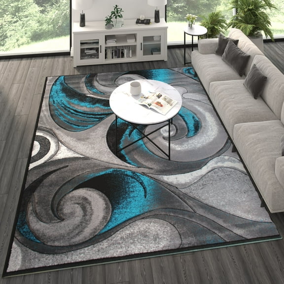 BizChair Modern Woven Area Rug, Hand Carved (8 Feet X 10 Feet, Turquoise)