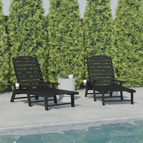 BizChair Monterey Set of 2 Adjustable Adirondack Loungers with Cup Holders- All-Weather Indoor/Outdoor HDPE Lounge Chairs in Black