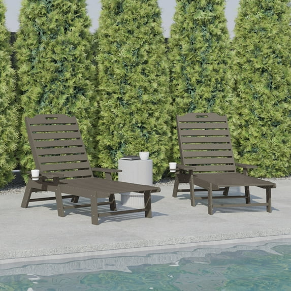 BizChair Monterey Set of 2 Adjustable Adirondack Loungers with Cup Holders- All-Weather Indoor/Outdoor HDPE Lounge Chairs in Brown