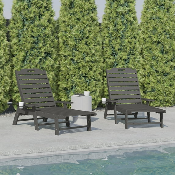BizChair Monterey Set of 2 Adjustable Adirondack Loungers with Cup Holders- All-Weather Indoor/Outdoor HDPE Lounge Chairs in Gray