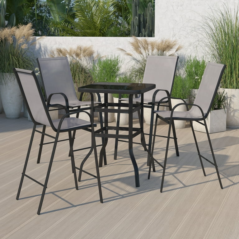 BizChair Outdoor Dining Set 4 Person Bistro Set Outdoor Glass Bar Table with Gray All Weather Patio Stools