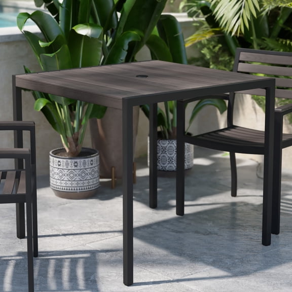 BizChair Outdoor Dining Table with Synthetic Gray Wash Teak Poly Slats - 35" Square Steel Framed Restaurant Table with Umbrella Hole