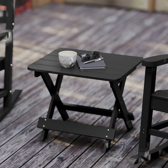 BizChair Outdoor Folding Side Table, Portable All-Weather HDPE Adirondack Side Table in Black