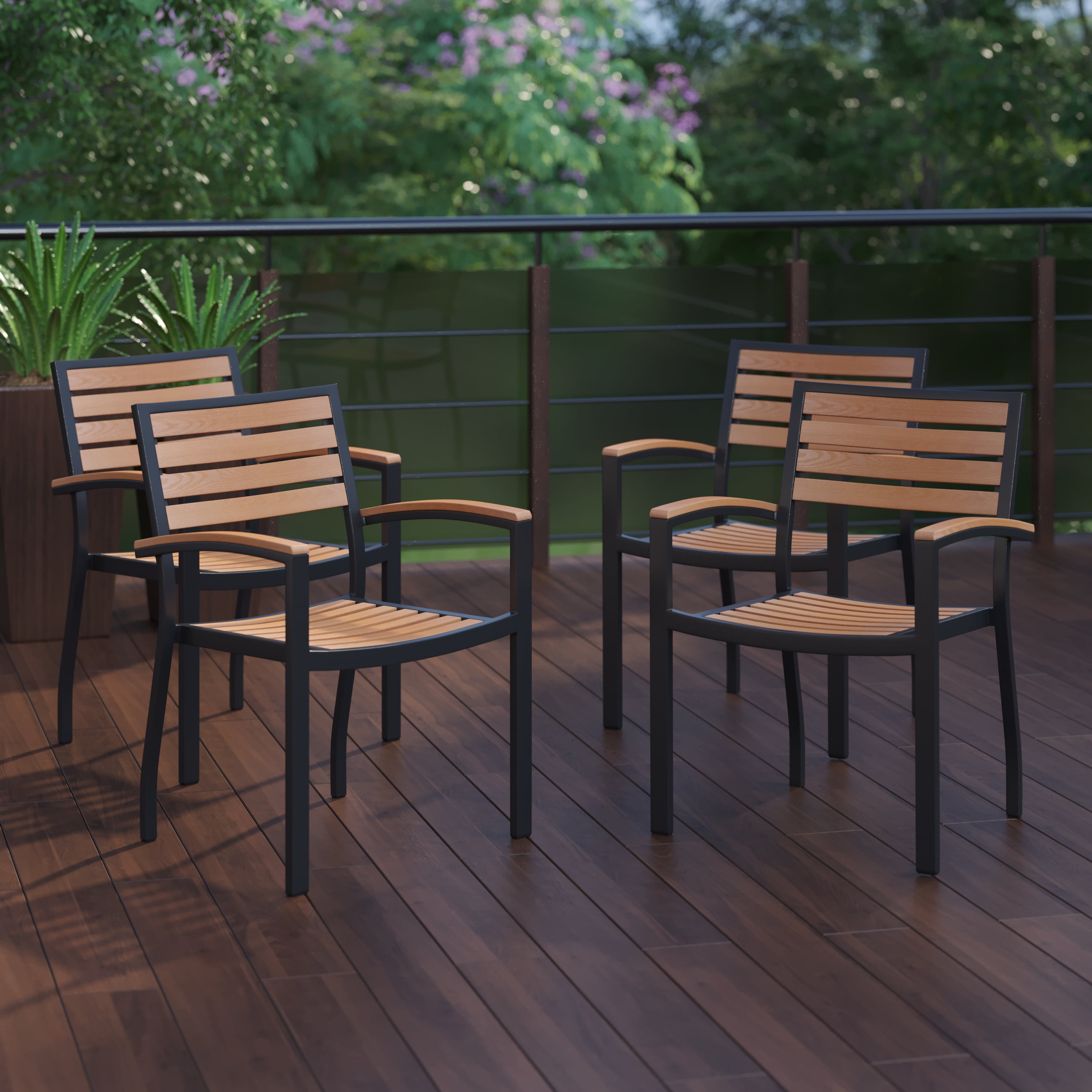 BizChair Outdoor Stackable Faux Teak Side Chair, Black Aluminum Frame ...