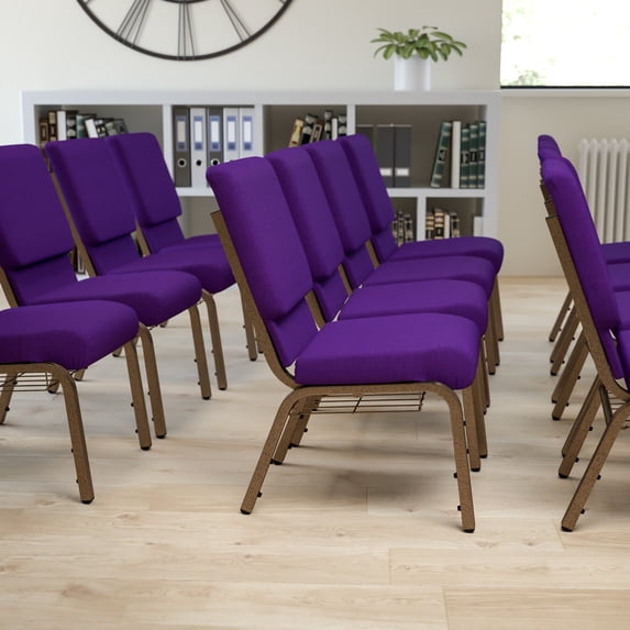 BizChair Padded Church Chair Set with Book Rack and Gold Vein Frame, Royal Purple (Set of 4)