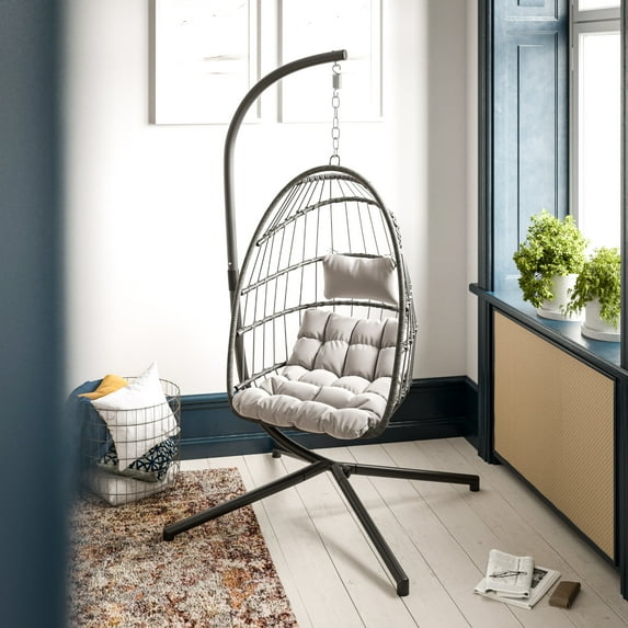 BizChair Patio Hanging Egg Chair, Wicker Hammock with Soft Seat Cushions & Swing Stand, Indoor/Outdoor Gray Frame-Gray Cushions