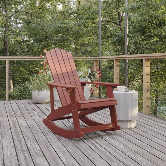 BizChair Poly Resin Wood Adirondack Rocking Chair - All Weather Red Polystyrene - Stainless Steel Hardware