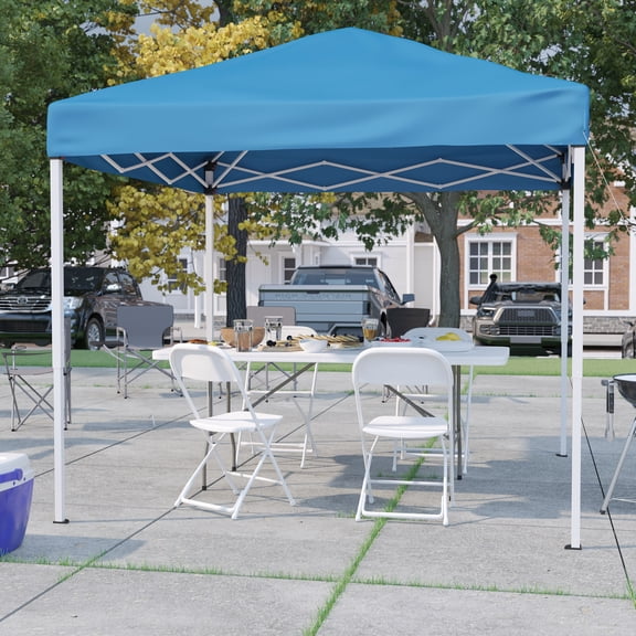 BizChair Portable Tailgate/Event Tent Set - 8'x8' Blue Pop Up Canopy Tent, 6-Foot Bi-Fold Table, Set of 4 White Folding Chairs
