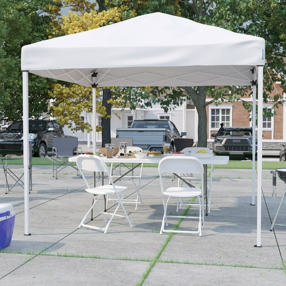 BizChair Portable Tailgate/Event Tent Set - 8'x8' White Pop Up Canopy Tent, 6-Foot Bi-Fold Table, Set of 4 White Folding Chairs