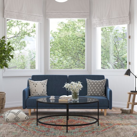 BizChair Premium Modern Faux Linen Split Back Convertible Futon Sofa, Navy