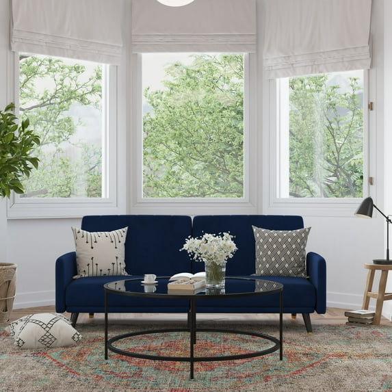 BizChair Premium Split Back Sofa Futon, Convertible Sleeper Couch for Small Spaces in Soft Navy Velvet Upholstery with Solid Wooden Legs