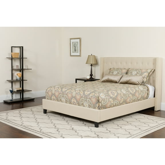 BizChair Queen Size Tufted Upholstered Platform Bed with Accent Nail Trimmed Extended Sides in Beige Fabric with Mattress