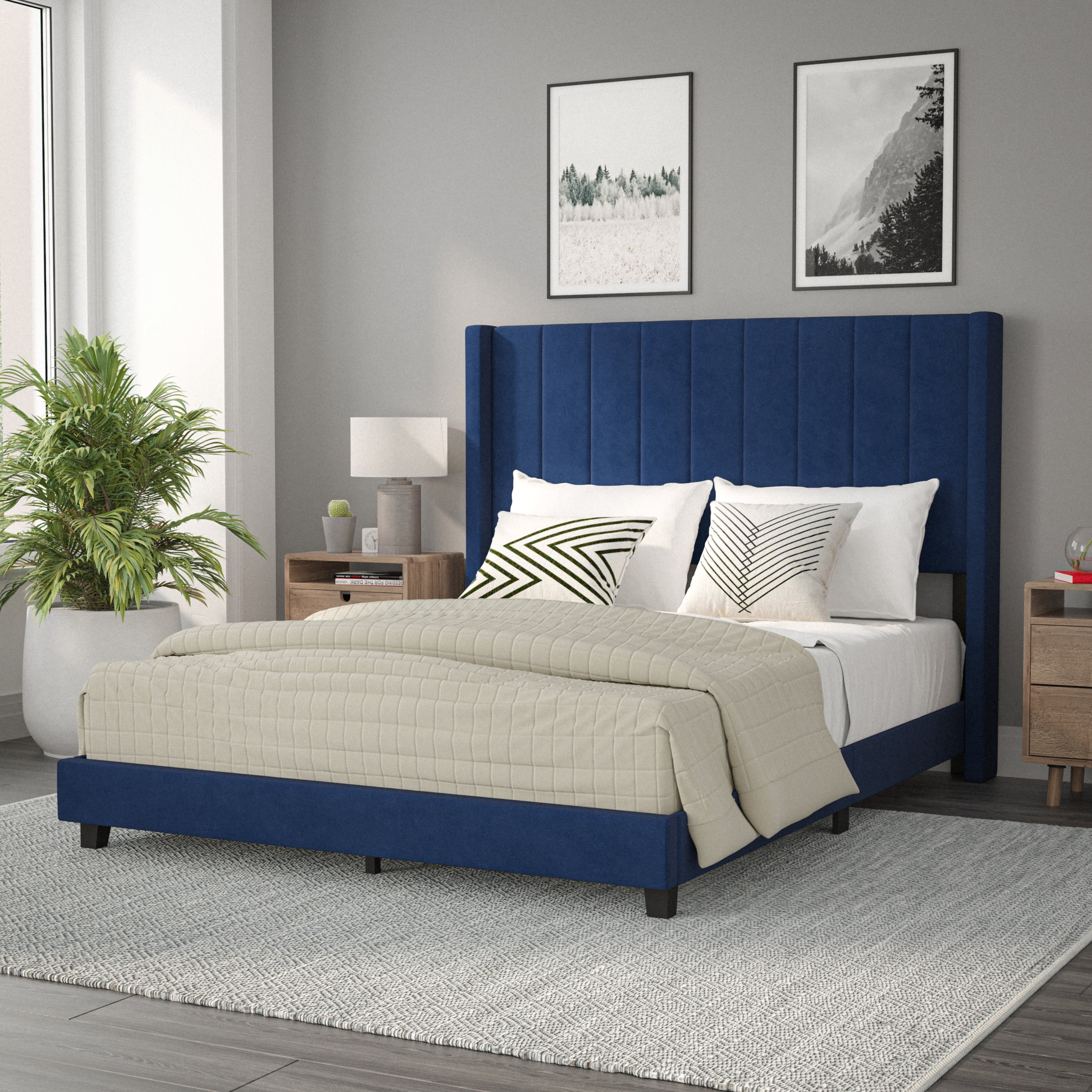 Queen Navy Velvet Upholstered Platform Bed with Wingback Headboard