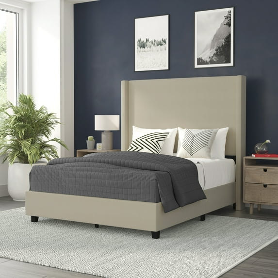 BizChair Quinn Stitched Upholstered Platform Bed, Beige, Full