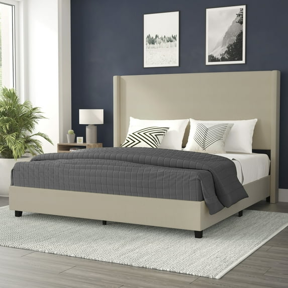 BizChair Quinn Stitched Upholstered Platform Bed, Beige, King