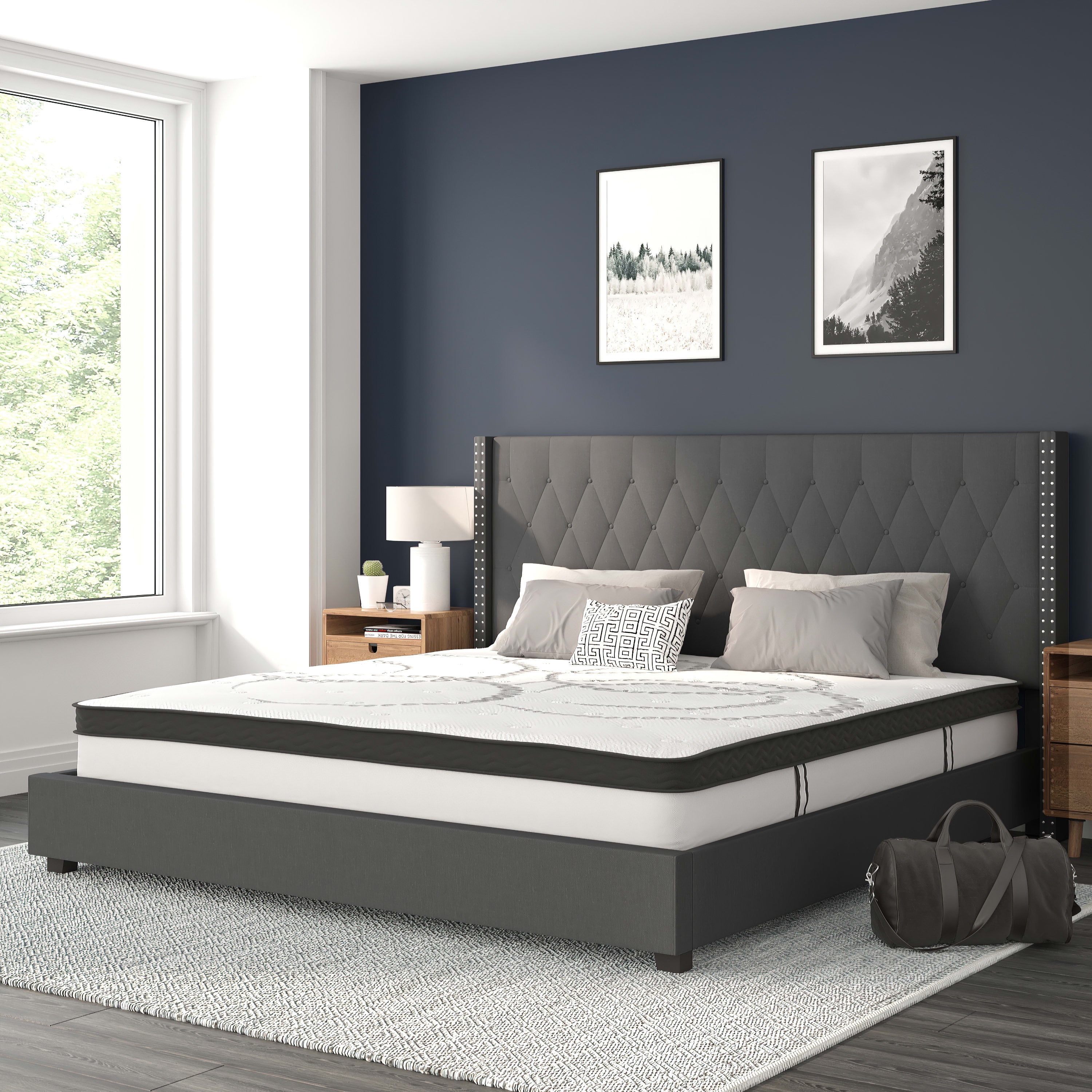 BizChair Riverdale King Size Tufted Upholstered Platform Bed in Dark Gray Fabric with 10 Inch CertiPUR-US Certified Pocket Spring Mattress