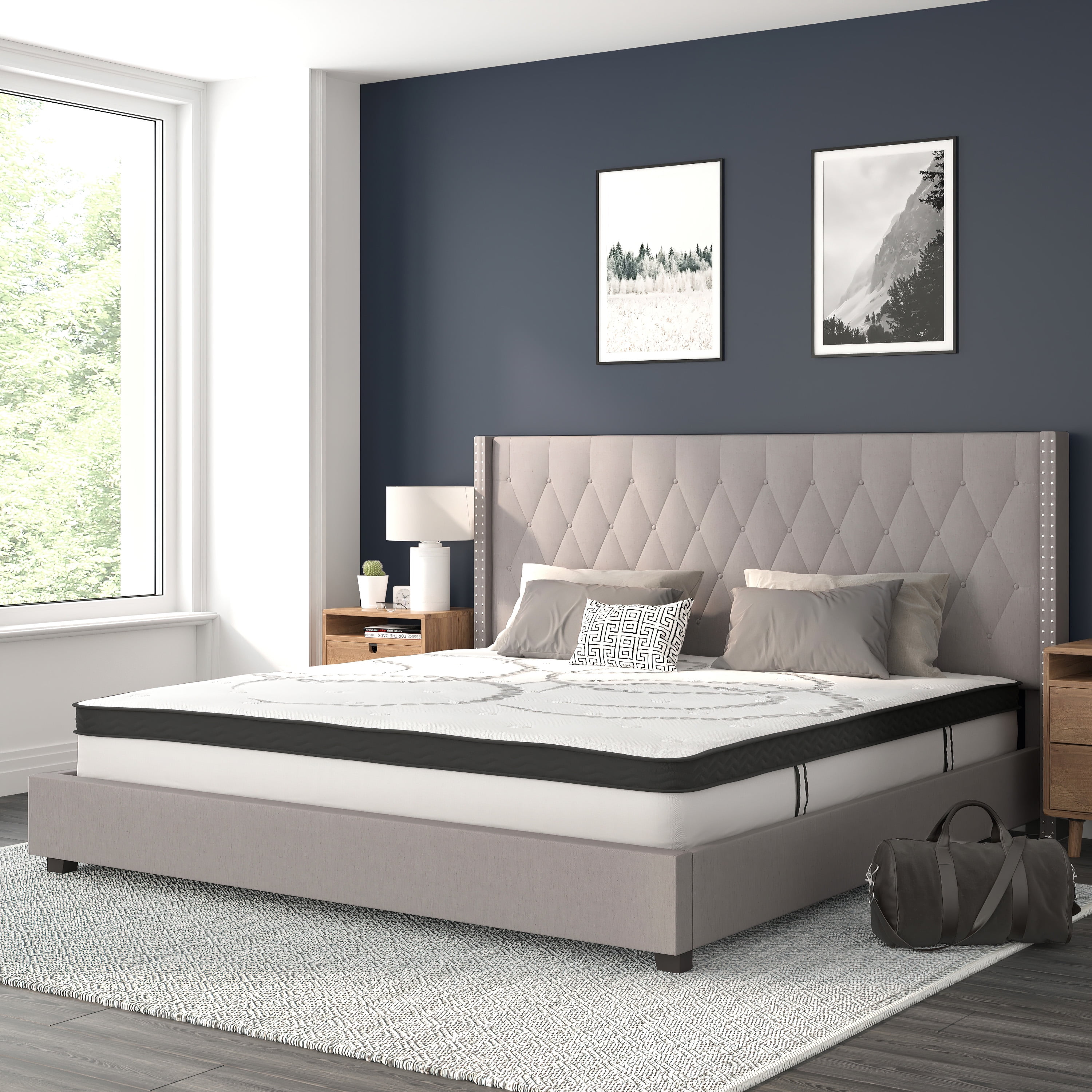 BizChair Riverdale King Size Tufted Upholstered Platform Bed in Light