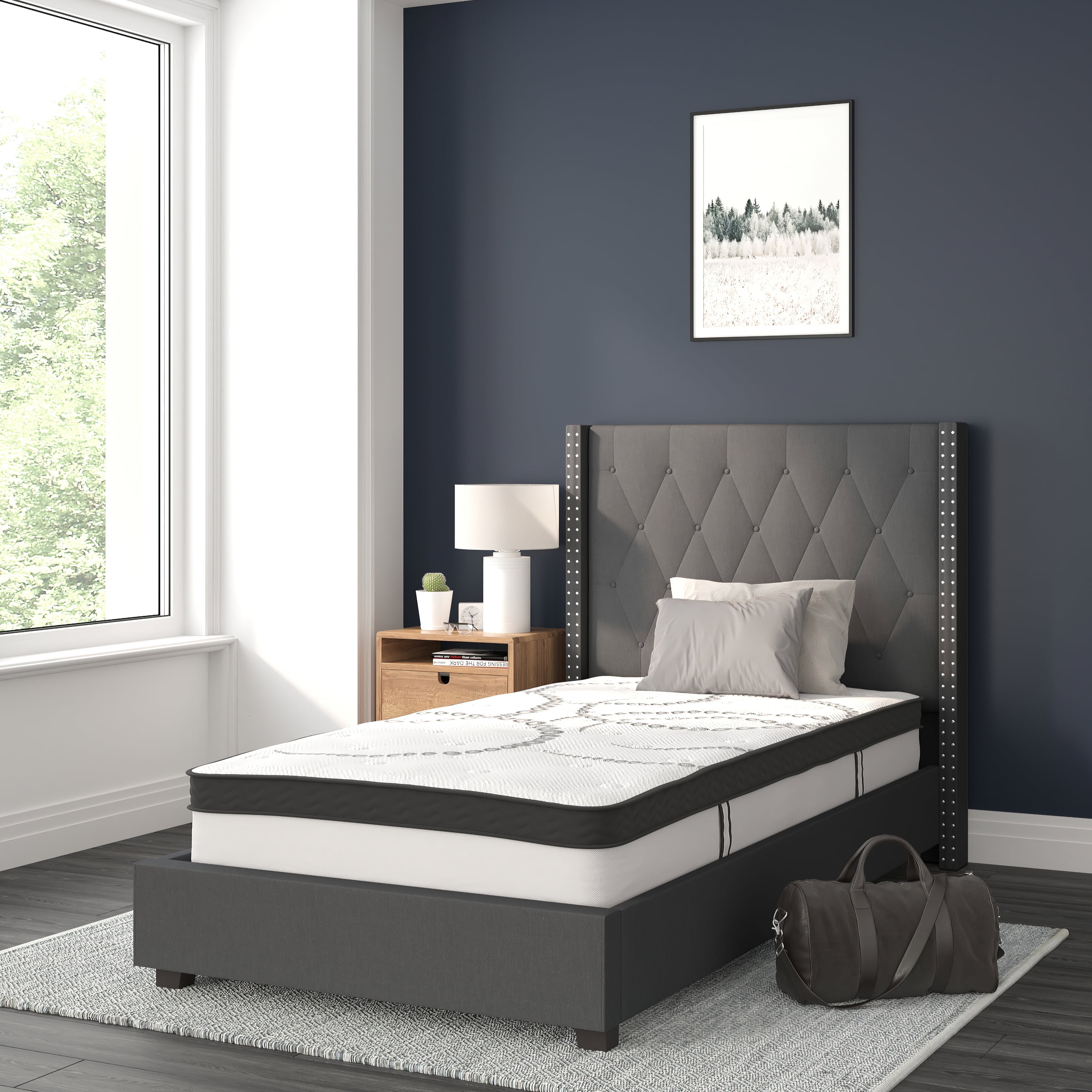 BizChair Riverdale Twin Size Tufted Upholstered Platform Bed in Dark