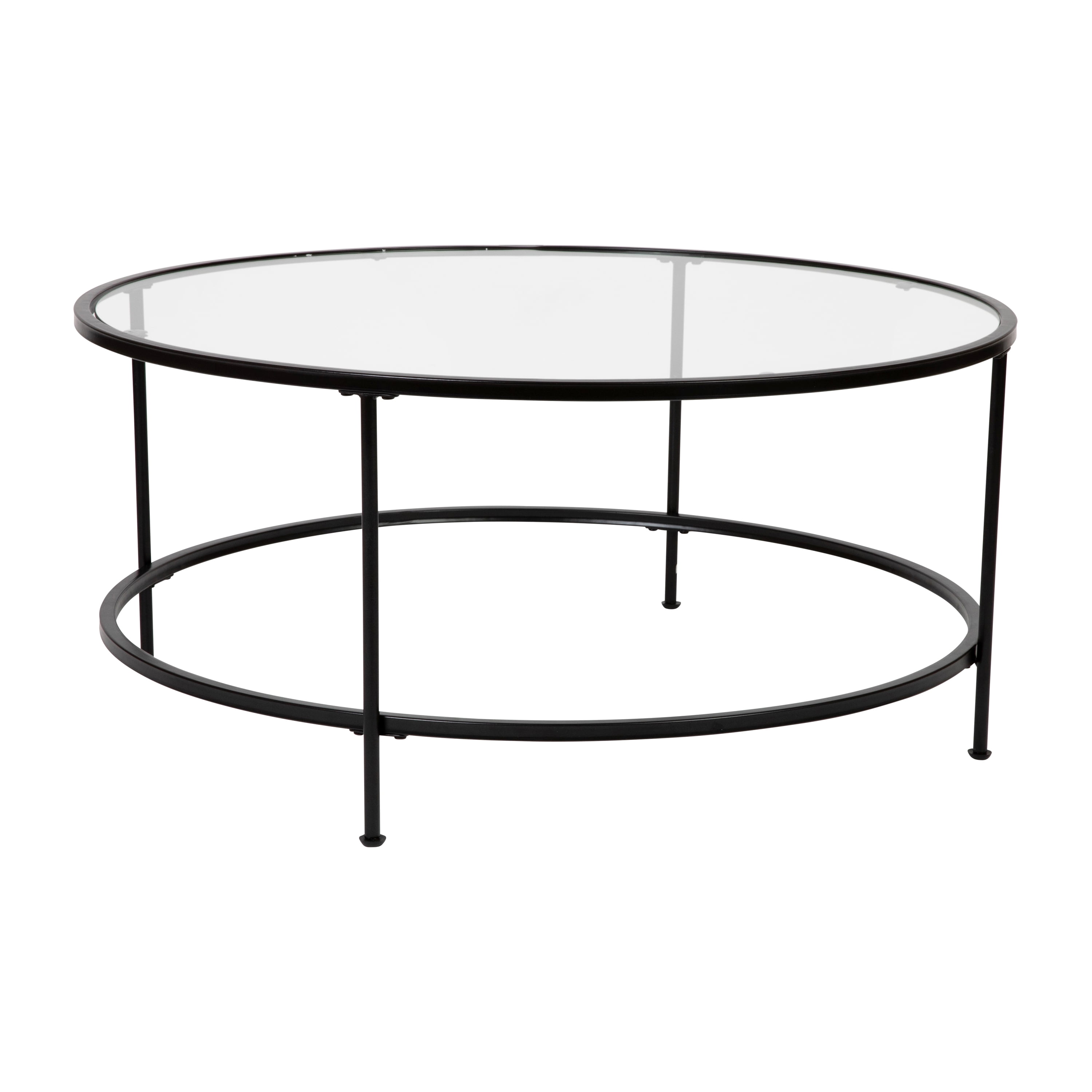 Round Clear Glass Coffee Table with Matte Black Steel Frame