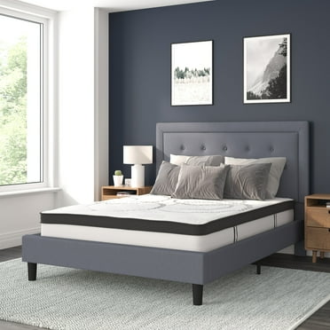 BizChair Roxbury Queen Size Tufted Upholstered Platform Bed in Light Gray Fabric with 10 Inch CertiPUR-US Certified Pocket Spring Mattress
