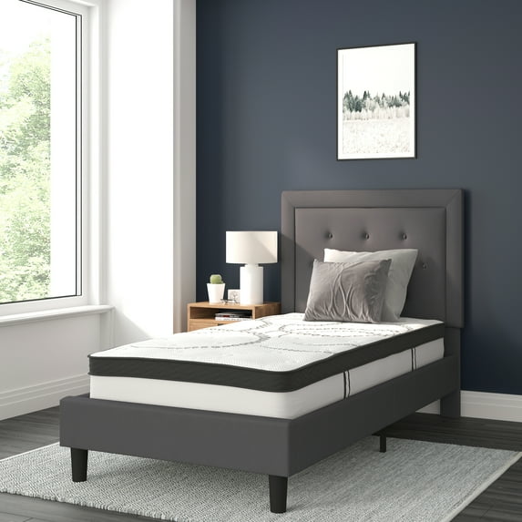 BizChair Roxbury Twin Size Tufted Upholstered Platform Bed in Dark Gray Fabric with 10 Inch CertiPUR-US Certified Pocket Spring Mattress