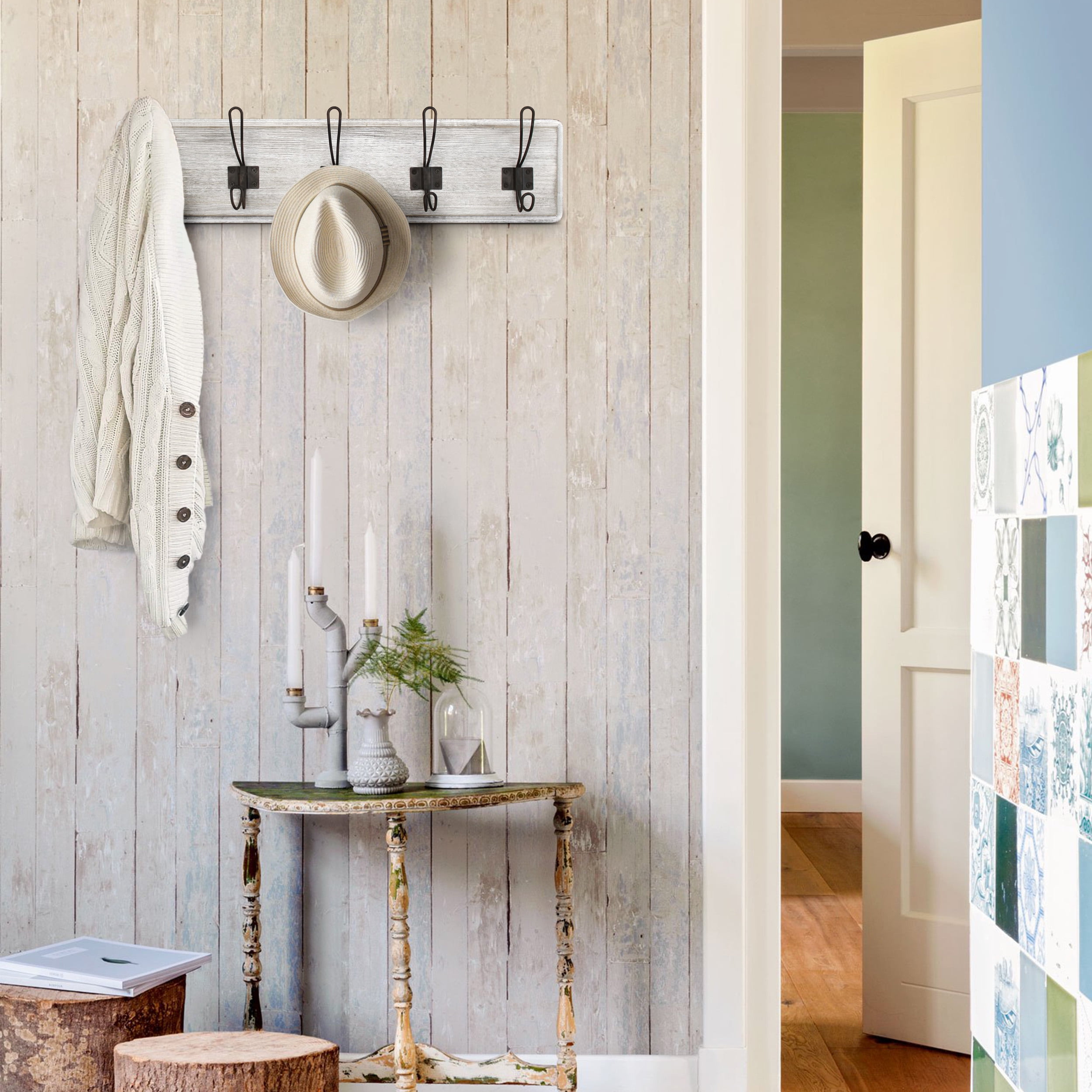 BizChair Rustic Coat Rack with 5 Hooks White Wash Wall Mount 24