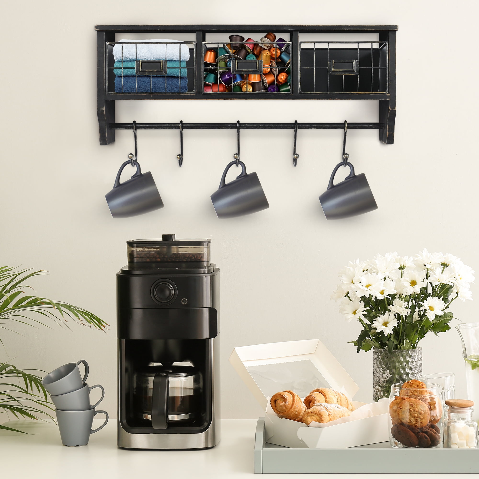 BizChair Rustic Coat Rack Wall Mounted Shelf with Hooks & Baskets