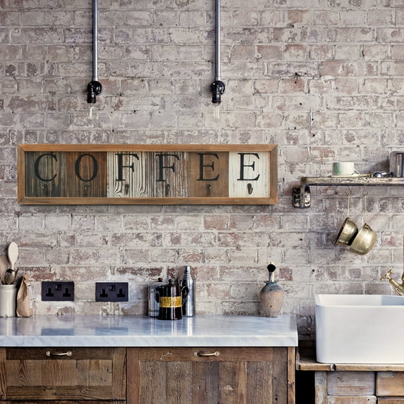 BizChair Rustic Coffee Mug Rack Wall Mounted, Printed Coffee Sign - 6 Coffee Cup Hooks - Wooden Coffee Mug Organizer - Distressed Coffee Rack Sign (31.5")