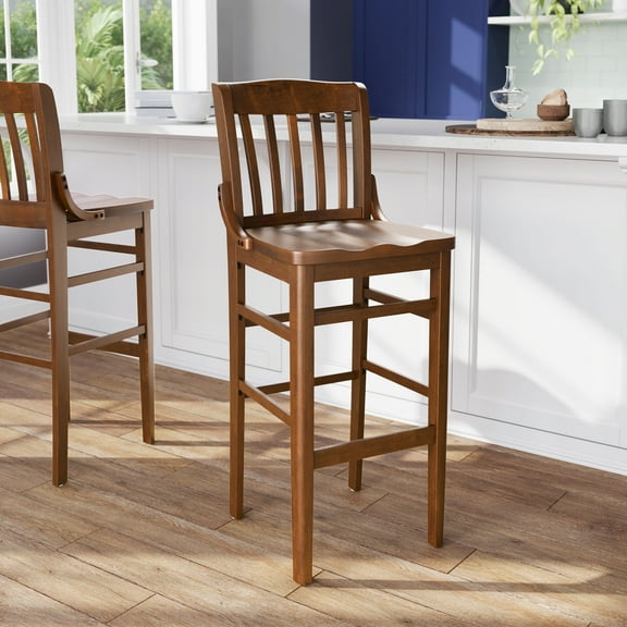 BizChair School House Back Walnut Wood Restaurant Barstool