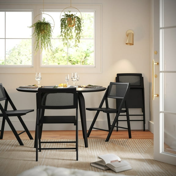 BizChair Set of 2 Cane Rattan Folding Chairs with Solid Wood Frame and Seat and Ventilated Back, Perfect for Events or Additional Seating, Natural/Black