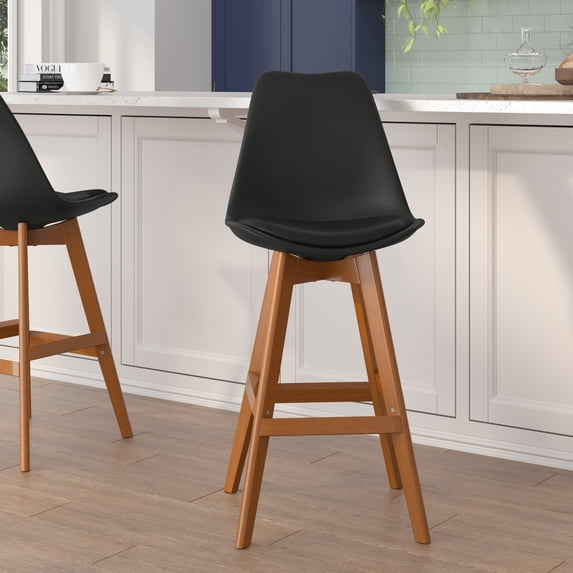 BizChair Set of 2 Modern Commercial Counter Stools - Black Plastic Backrest - LeatherSoft Padded Seat - 27 Inch Counter Stools - Walnut Finish Wood Frame