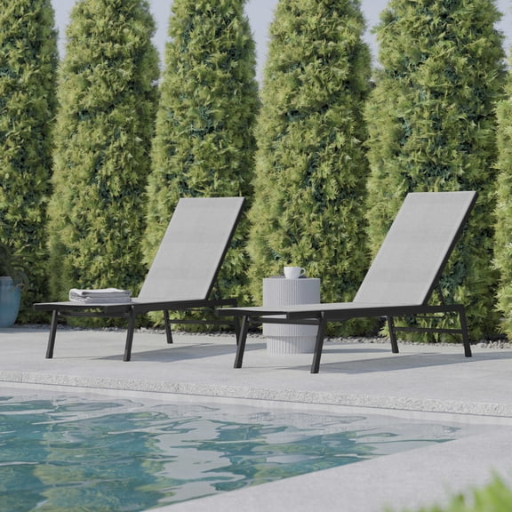 BizChair Set of 2 Adjustable Chaise Lounge Chairs with Arms, All-Weather Outdoor Five-Position Recliners, Black/Gray