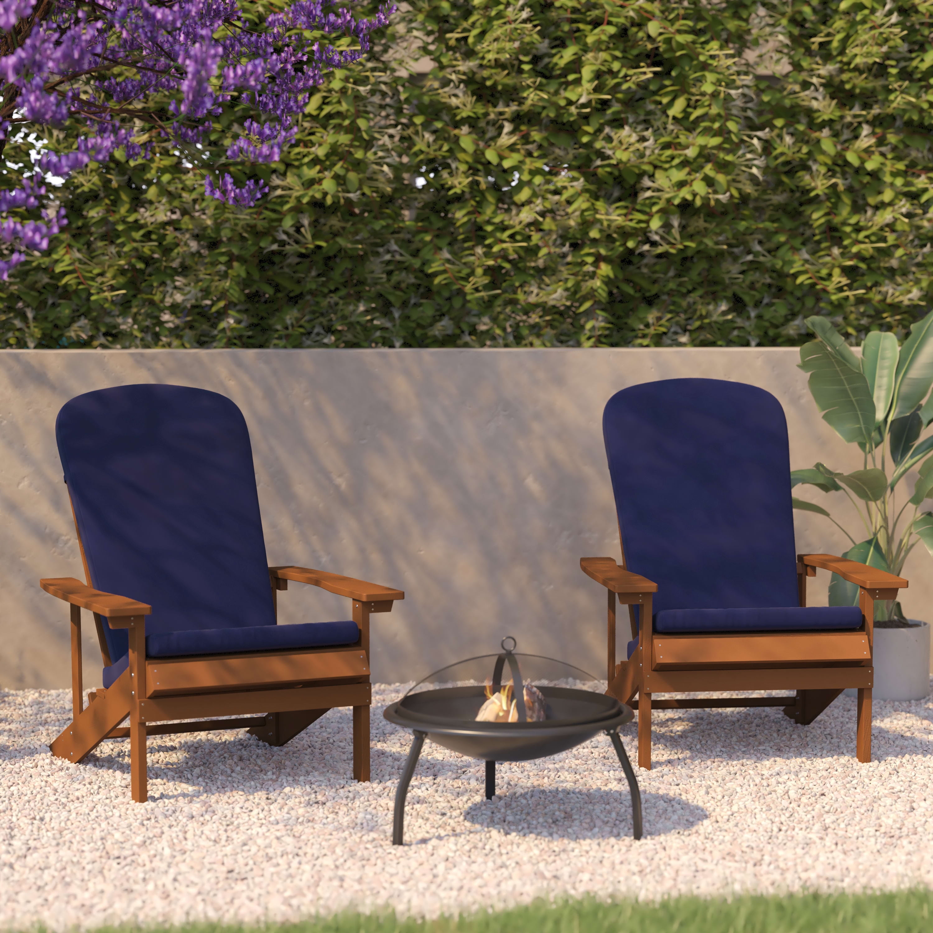 BizChair Set of 2 All-Weather Poly Resin Wood Adirondack Chairs in Teak with Blue Cushions for Deck, Porch, and Patio