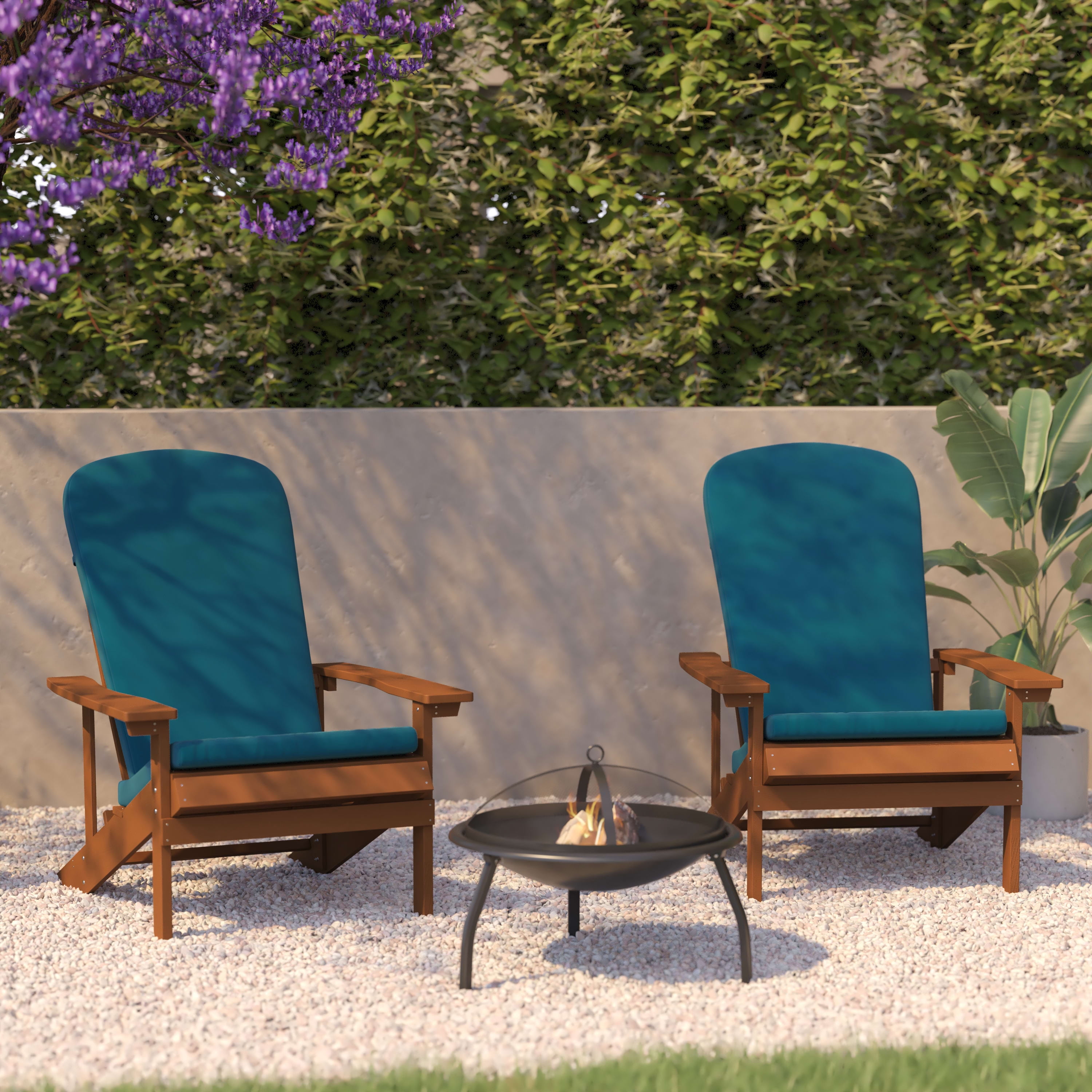 BizChair Set of 2 All-Weather Poly Resin Wood Adirondack Chairs in Teak with Teal Cushions for Deck, Porch, and Patio