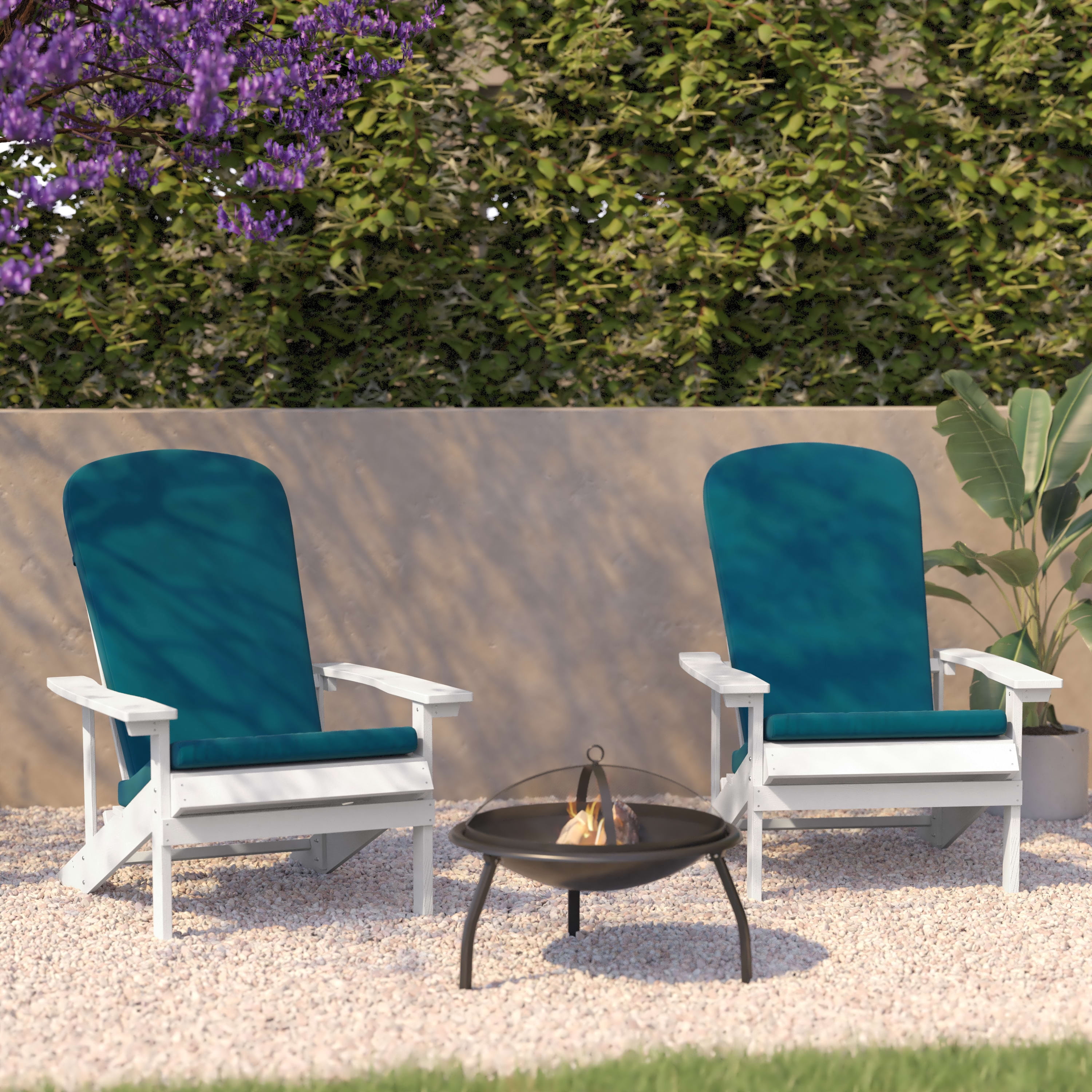 BizChair Set of 2 All-Weather Poly Resin Wood Adirondack Chairs in White with Teal Cushions for Deck, Porch, and Patio