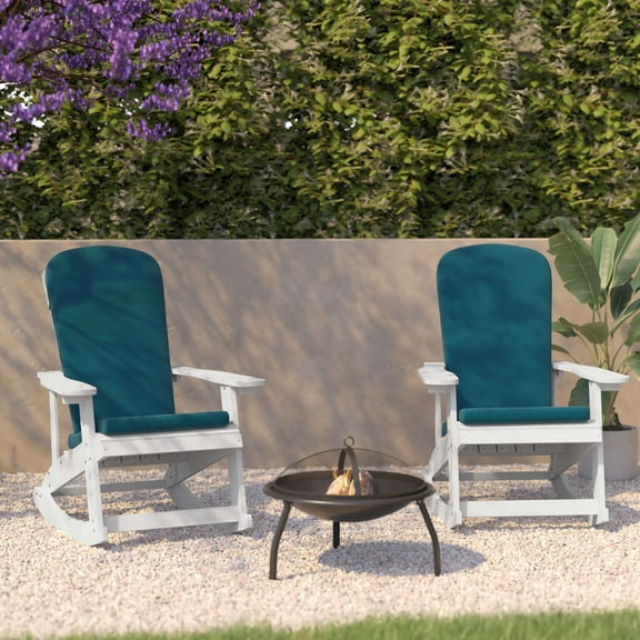 BizChair Set of 2 All-Weather Poly Resin Wood Adirondack Rocking Chairs in White with Teal Cushions for Deck, Porch, and Patio